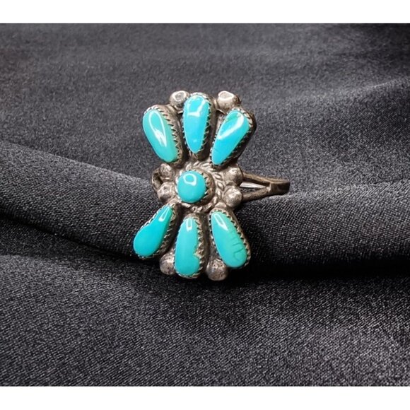 Vintage Zuni Bill & Lou Native American Sterling Silver & Turquoise Cluster Ring - Picture 1 of 5